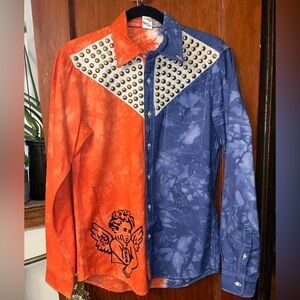 Rosa Studded TieDye Woven Colorblocked Angel Graphic Button Front Shirt Sz Small